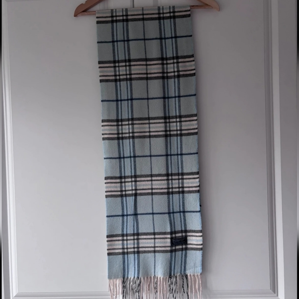 Burberry 100% Cashmere Classic Nova Check Scarf Blue Pink Fringe Price Firm